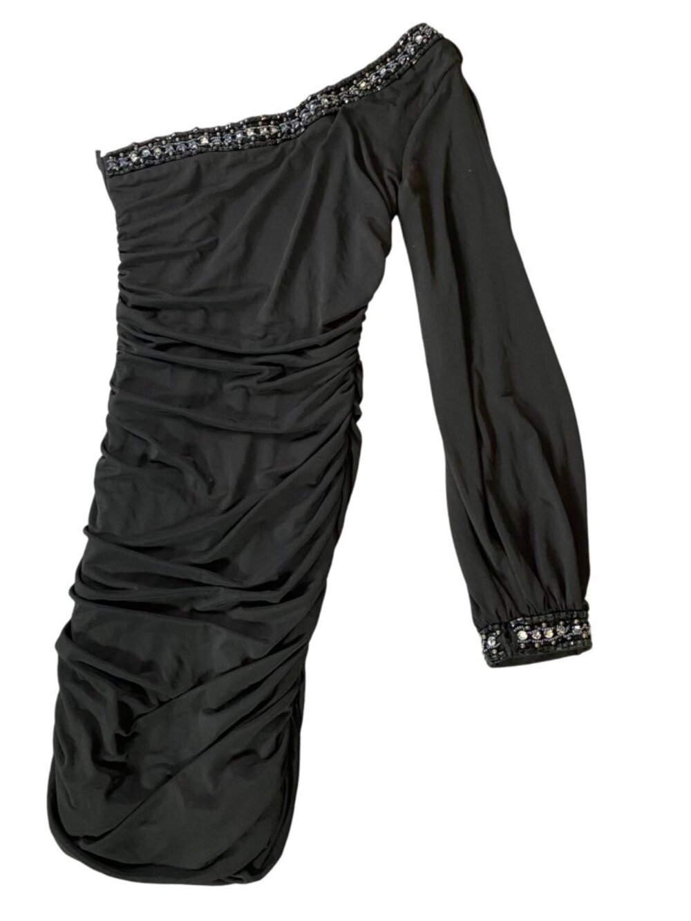 Jodi Kristopher Dress One Shoulder Long Sleeve Black Ruched Bodycon Beads Small